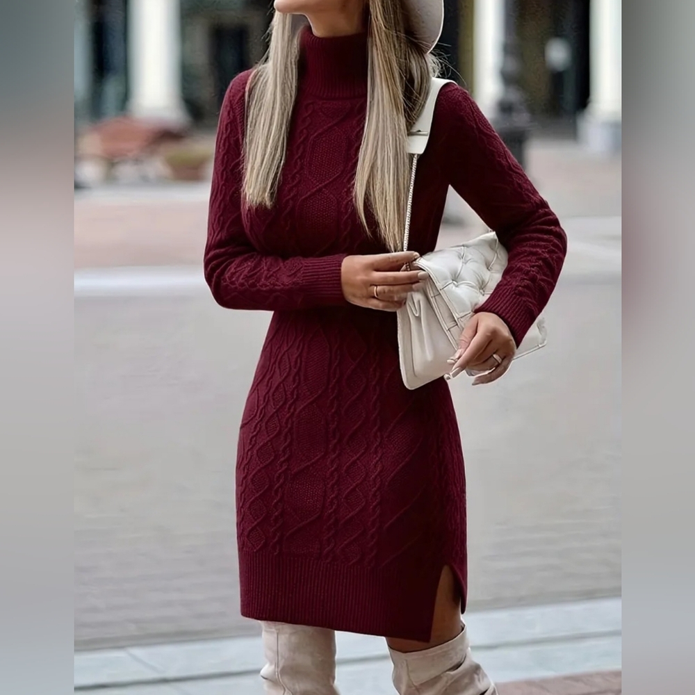 Elegant Burgundy Cable Knit Dress